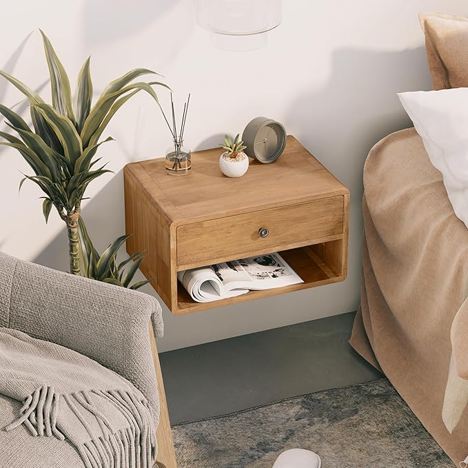 COZAYH Farmhouse Rubber Wood Floating Nightstand with Drawer and Open Shelf, Transitional Wall Mounted Side Table with Open Slot for Bedroom, Fully Assembled (Natural)