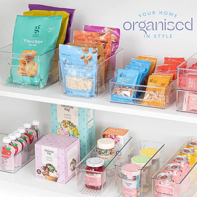 primebox Plastic Food Storage 2 Pack Clear Container Bin with Handles for Organizing Kitchen, Pantry, Refrigerator, Freezer, Pantry, Cabinet, Closet, Bathroom. 14”X4”x4”