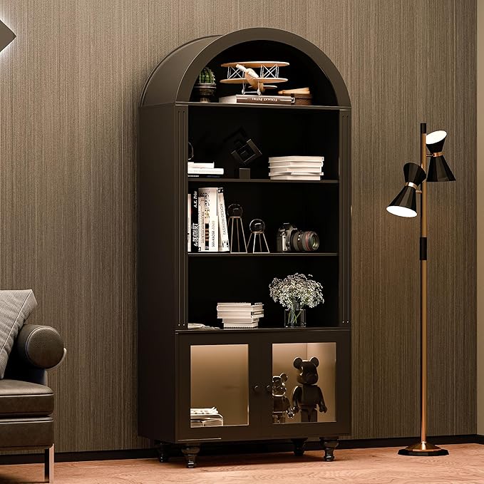 Wooden Arched Bookshelf,5-Tier Shelf,Farmhouse Storage Display Cabinet Etagere Bookcase, Large Bookshelf,Tall Open Storage Cabinet for Home Office Living Room&Kitchen(Black-Arched top)