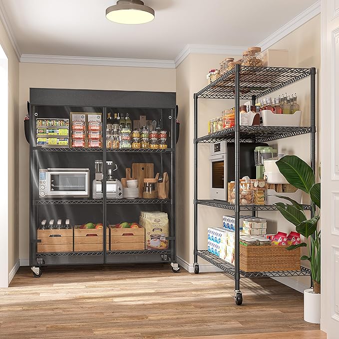 REIBII 4-Tier Storage Shelves Wire Shelving Unit with Cover & Wheels, Heavy Duty Metal Shelving for Dorm Storage Shelves, Garage Storage Rack Commercial Shelf, Pantry, Kitchen, 36" W*14.3" D*56.5" H