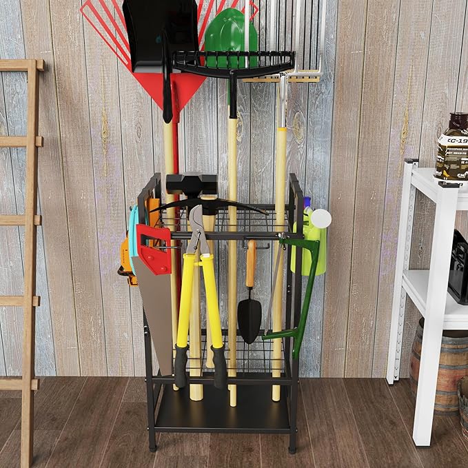 Garden Tool Organizer for Garage, Yard Tool Rack, Holds Up to 36 Long-Handled Tools, Black Metal Garden Tools Rack Storage with Hooks for Yard Shed Garage Organization