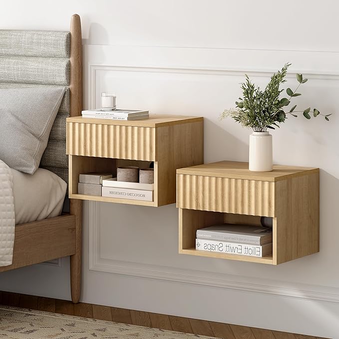 Floating Nightstands Set of 3 with Drawer and Open Shelf, Small Wall Mounted Bedside End Table, Modern Fluted Night Stand for Bedroom, Living Room, Natural Oak