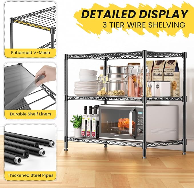 3-Shelf Adjustable Storage Shelves Metal Shelving Unit Heavy Duty Wire Rack Small Organizer with 3 Shelf Liners for Kitchen Pantry Bathroom Laundry Closet Garage 24" W x 14" D x 30" H Black