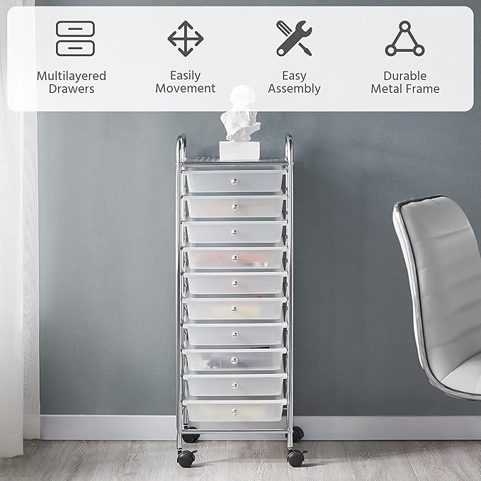 Yaheetech 10 Drawer Cart Rolling Plastic Storage Cart and Organizer Multipurpose Mobile Rolling Utility Storage Organizer for Home Office School and Workshop, White