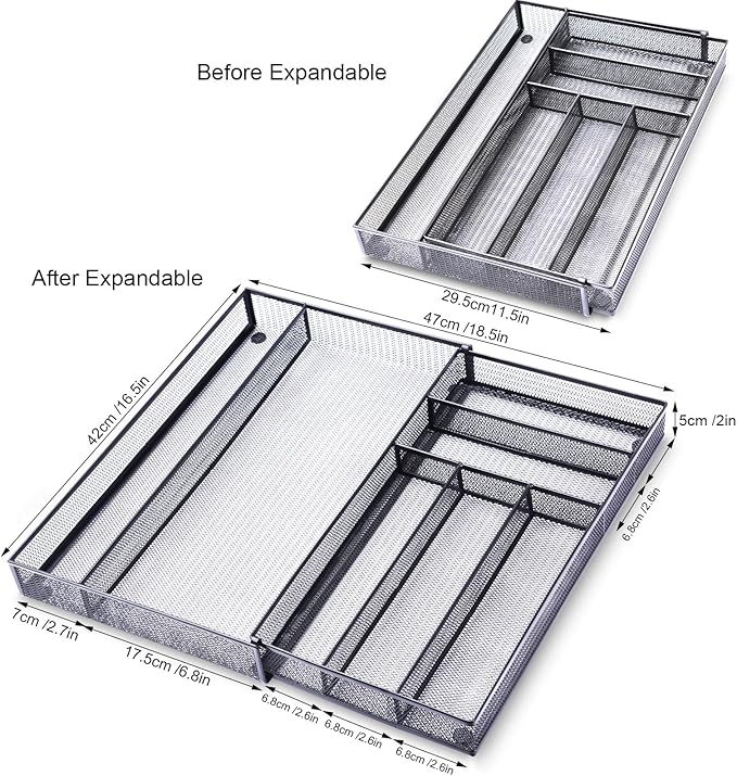WuGeShop Expandable Office Desk Organizer, 7 compartments Mesh Desk Drawer Organizer Desk Organizer tray, Metal Office Supplies Accessories Storage, Black