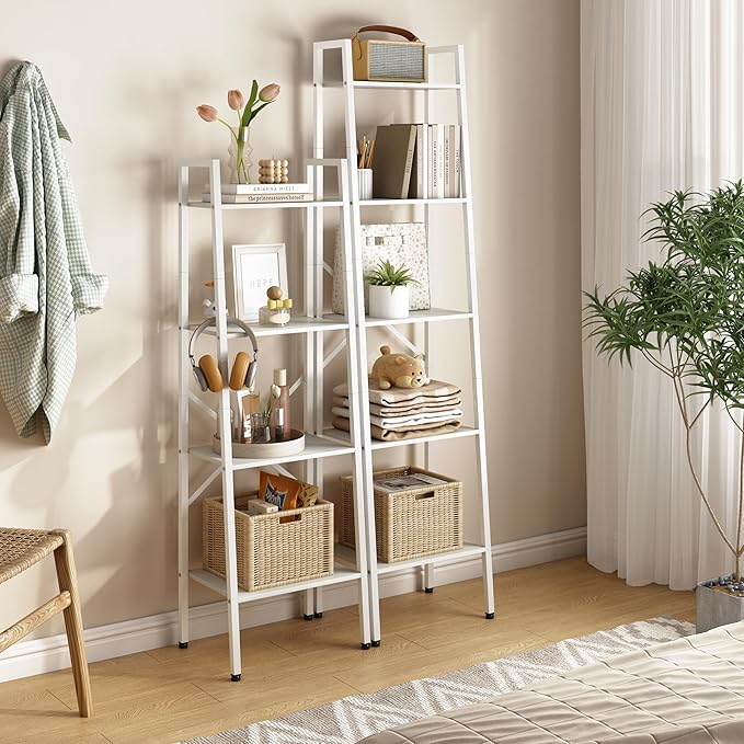Hoctieon 4-Tier Industrial Ladder Bookshelf, Narrow Ladder Shelf, Tall Standing Bookshelf, Skinny Open Ladder Shelf, for Living Room, Home Office, Kitchen, Bedroom, Metal Frame, White