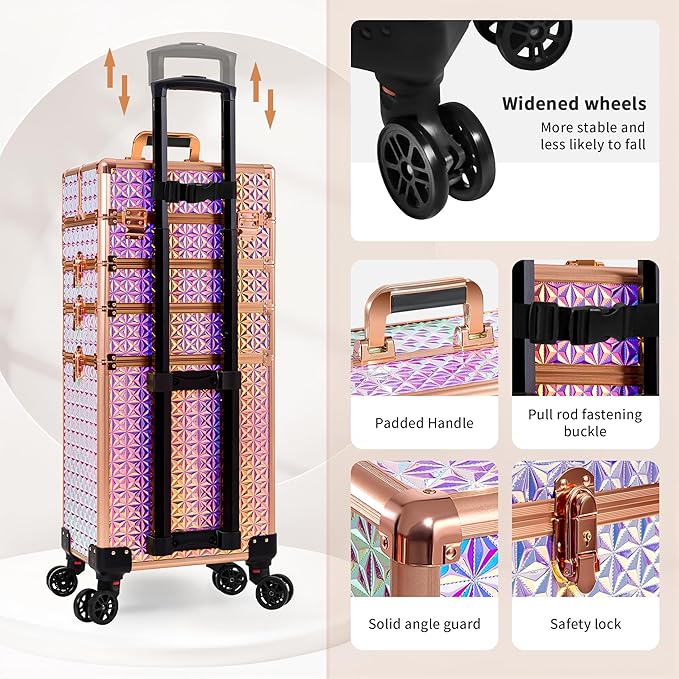 AROUS 5 in 1 Rolling Makeup Train Case Cosmetology Case on Wheels Large Cosmetic Organizer Travel Cart for Hairstylist Artist Nail Beauty Salon Barber,Colorful