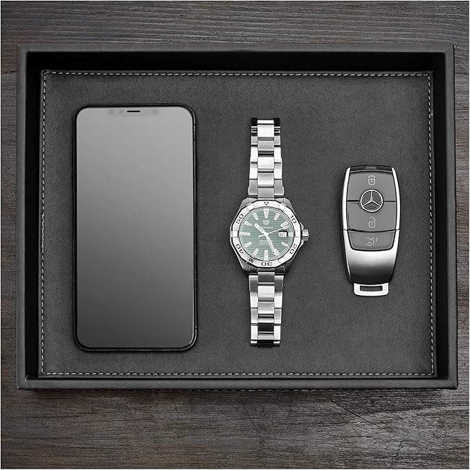 GALLAWAY LEATHER Valet Tray for Men - Nightstand Organizer EDC Tray for Wallet and Keys - Dresser Leather Catchall Dump Key Tray - Bedside Table Tray Organizer Key Bowl for Entryway Table (Black)