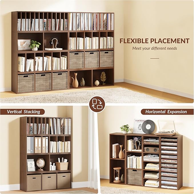 IOTXY DIY Modular Cube Bookcase - CubeXY Customizable Stackable Expandable Combination Set, 23-Cube Open Bookshelf for Books, Fabric Storage Bin, and Vinyl Record Organizer, Walnut