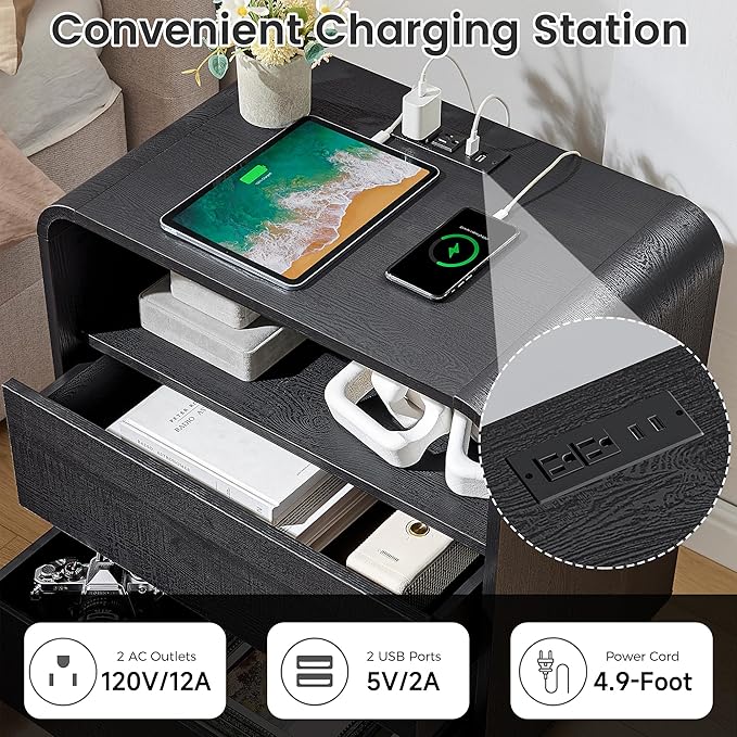 Black Nightstand Set of 2 with Charging Station, 25" Tall Wood Bedside Table, Modern Night Stand with 2 Storage Drawers, Curved Profile, Handleless, Modern End Table for Bedroom