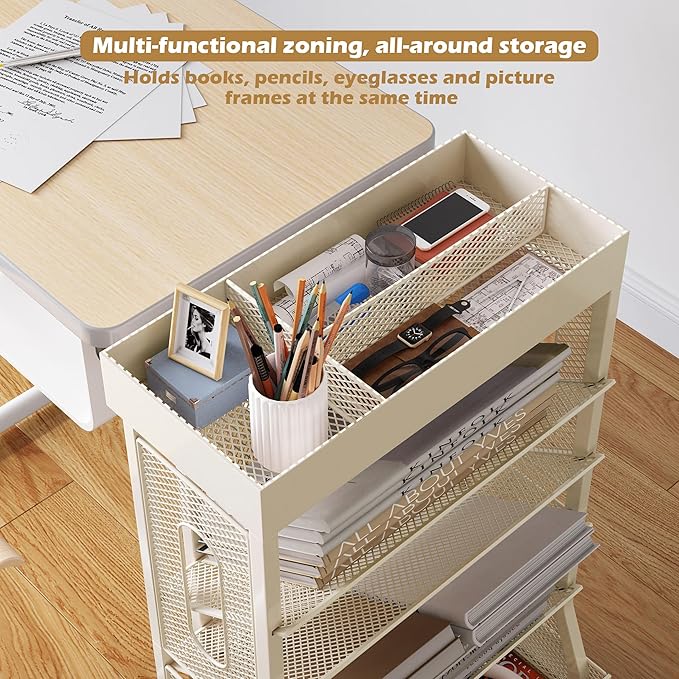 Book Cart with Wheels Mobile Bookshelf Rolling Bookshelf Organizer Bookcase Book Storage Rack, Book Movable Rolling Carts with Wheels for Office School, Beige