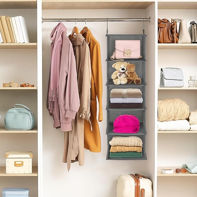 Libeder 5-Shelf Hanging Organizer with Drawers, Closet Hanging Organizers and Storage Shelves with 6 Side Pockets,Collapsible Closet Hanging Shelves for Clothes, Underwear, Nursery, Closet, RV(Grey)