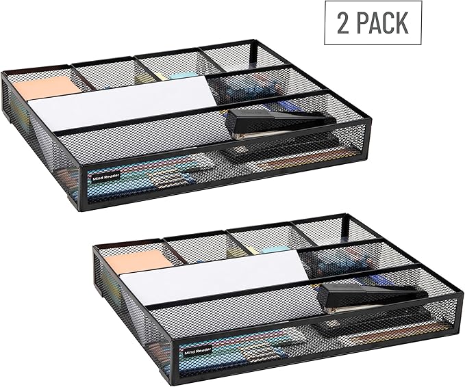 Mind Reader Drawer Organizer, Desk Org, Utensil Organizer, Office, Kitchen, Metal Mesh, Set of 2, Black
