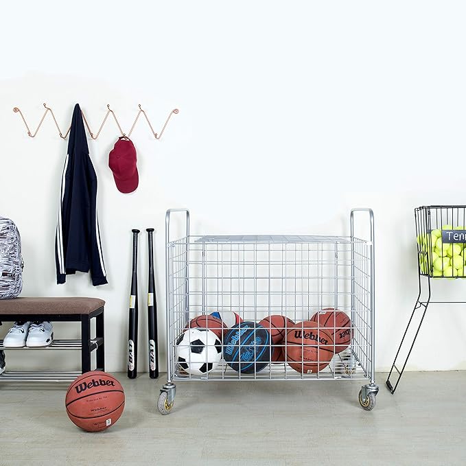 MyGift Professional Gym Metal Multi Sports Ball Storage Cart with Jumbo Industrial Wheels, Commercial Grade Portable Equipment Locker Cage for Basketball, Football, Soccer, Volleyball