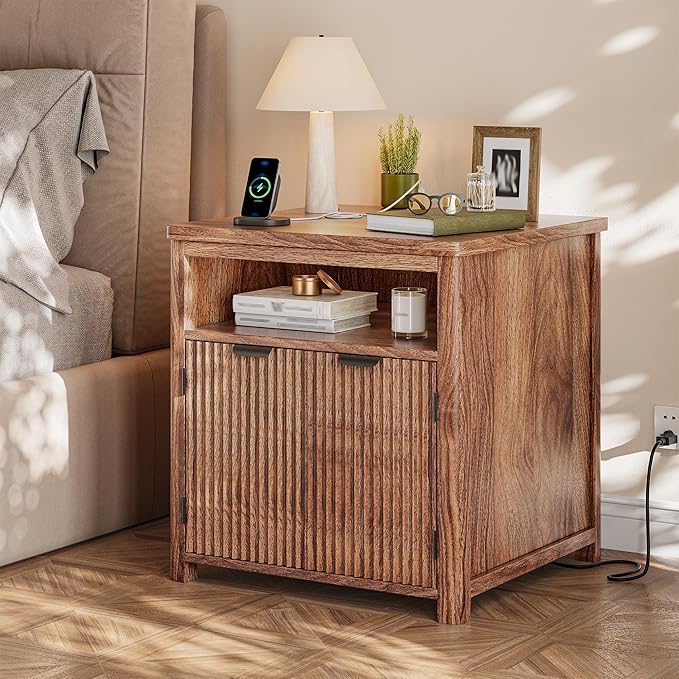 Fluted Nightstand with Charging Stations, 23.6" Wide Walnut Nightstand with Storage Drawers, Side Tables, Modern Farmhouse End Tables for Bedroom, Walnut Brown