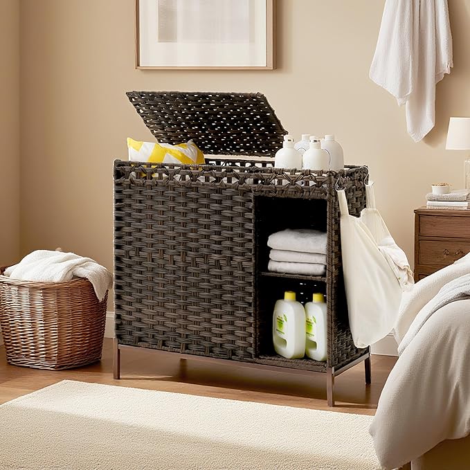 Laundry Hamper with Lid, 110L (29.1 Gal) Rattan Laundry Hamper 2 Section with 50L (13.2 Gal) Storage Shelf, Wicker Woven Laundry Sorter Basket with 3 Liner Bags and Handles, Brown GLH002BR