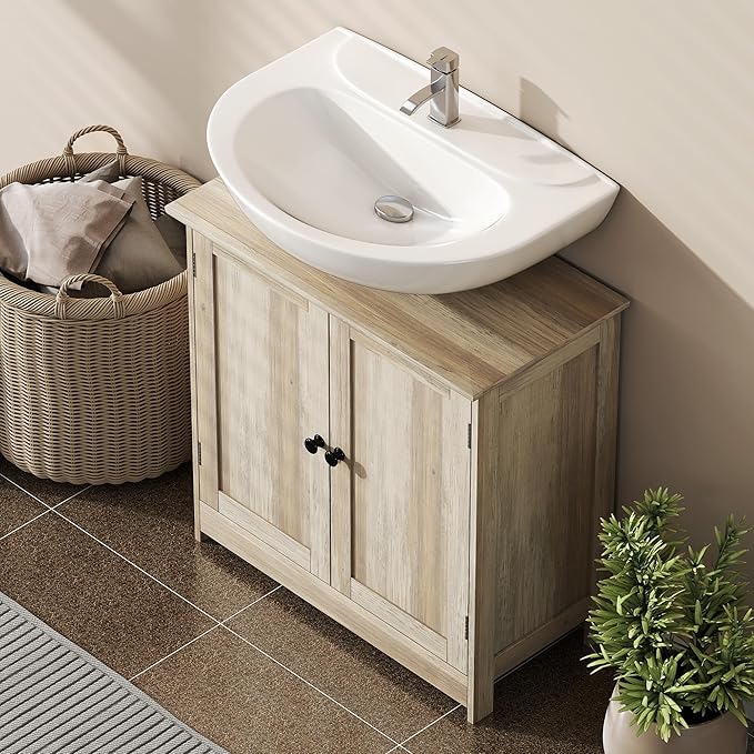 HOMCOM Under Sink Bathroom Cabinet, Pedestal Sink Storage Cabinet with 2 Doors, Shelf and U-Shape, Weathered Gray Oak