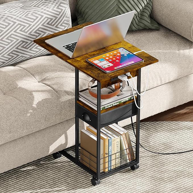 Rolling C-Shaped Side Table with Charging Station, Night Stand with Type-C & USB Port and Outlet for Bedroom, Spacious Coffee Table with Wheels for Living Room, Home Office, Small Space(Large Desktop)