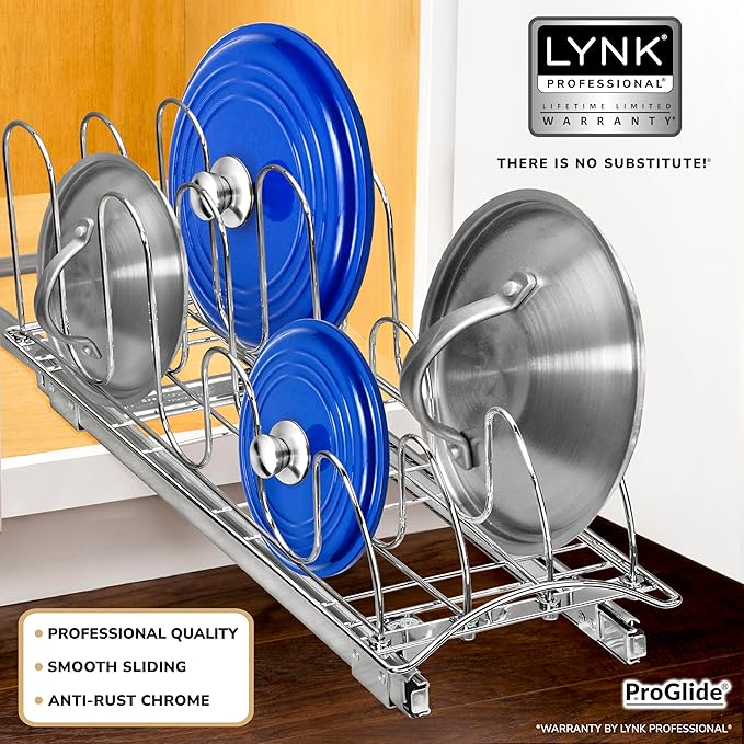 LYNK PROFESSIONAL® Pull Out Pot Lid and Cookie Sheet Organizer Rack for Cabinet - Lifetime Ltd. Warranty - Sliding Kitchen Organizers – Pans, Pots, Lids, and Tray Storage - 7.25 wide x 21 inch, Chrome