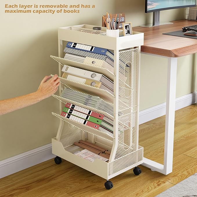 Book Cart with Wheels Mobile Bookshelf Rolling Bookshelf Organizer Bookcase Book Storage Rack, Book Movable Rolling Carts with Wheels for Office School, Beige