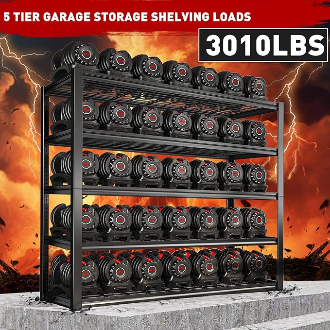 REIBII 48.2'' W Garage Shelving, 3010LBS Storage Shelves Heavy Duty, 5 Tier Adjustable Metal Shelving Unit for Warehouse, Garage, Basement, 48.2" W x 24.5" D x 72" H