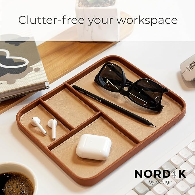 Nordik Leather Valet Tray - Sand Brown - 9.5 x 7.9 Inch Medium Vegan Leather Tray - Stylish Nightstand Organizer for Men - Modern Bedside Caddy - EDC Catchall for Key Watch Wallet Jewellery