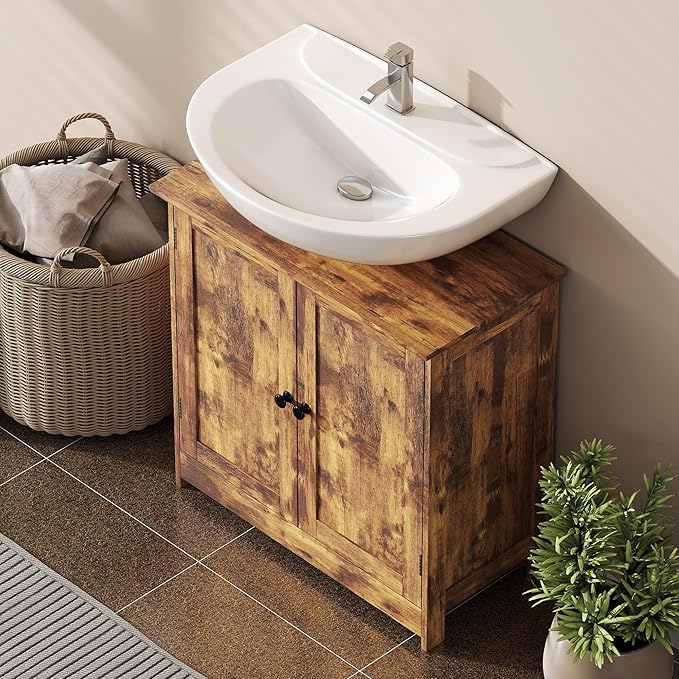 HOMCOM Under Sink Bathroom Cabinet, Pedestal Sink Storage Cabinet with 2 Doors, Shelf and U-Shape, Rustic Brown