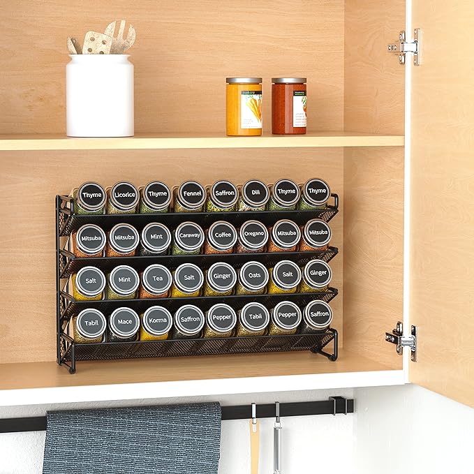 SpaceAid Spice Rack Organizer with 32 Spice Jars, 386 Spice Labels, Chalk Marker and Funnel Set for Cabinet, Countertop, Pantry, Cupboard or Door & Wall Mount - 32 Jars, 15.3" W × 10.8" H, Black