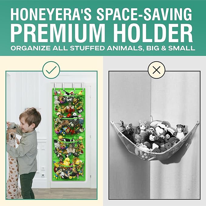 Honeyera Storage for Stuffed Animal - Over Door Organizer for Stuffies, Baby Accessories, and Toy Plush/Easy Installation with Breathable Hanging Pockets (Green)