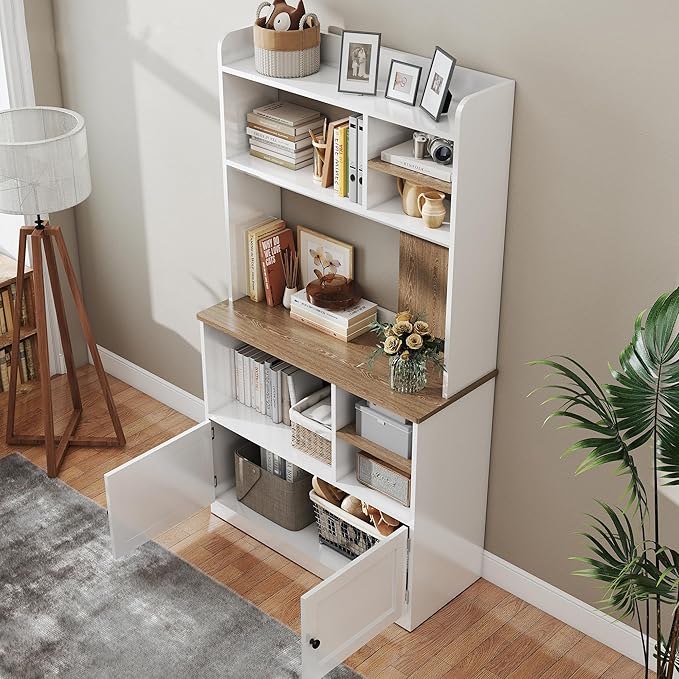 Book Shelf, 5-Tier Bookshelf, Bookcase, 71 inch Tall Bookcase with Doors, Bookshelves and Bookcases with Storage Cabinet and 6 Open Cubes, 3 AC Outlets for Home Office, Living Room, Study, White