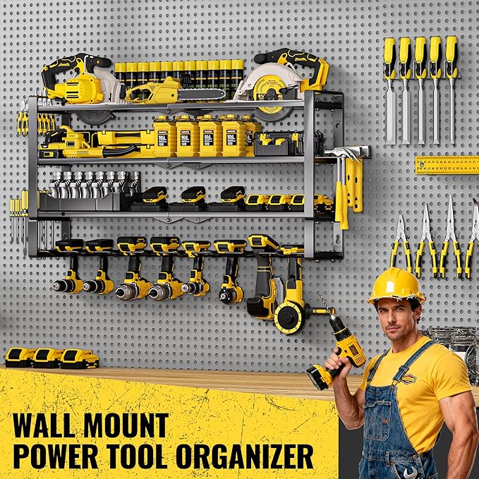 Large Power Tool Organizer Wall Mount, Heavy Duty Metal Tool Storage Rack Loads 400lbs, 8 Cordless Drill Holder 4 Layer, Battery Tools Hanger with Charging Station Shelf for Garage Organization