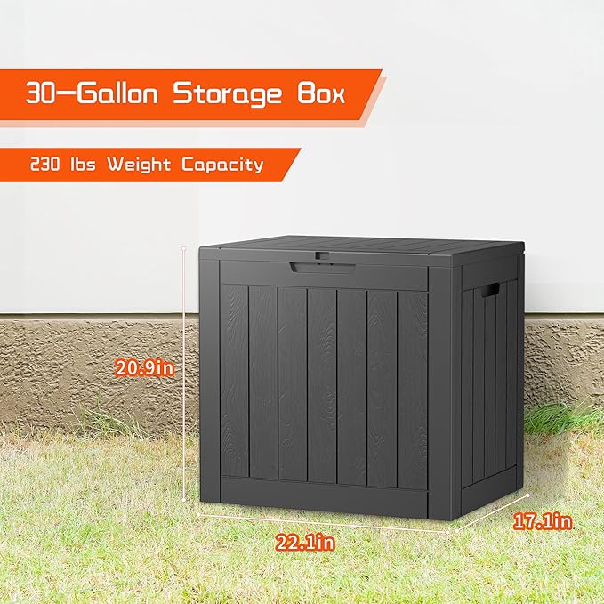 30 Gallon Outdoor Deck Box,Storage Lockable Waterproof Patio Furniture,Garden Tools,Cushions,Pool Accessories Outside Storage Resin Box(Black)
