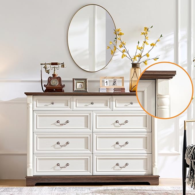 Farmhouse 9 Drawer Dressers for Bedroom, 54" Wood Chest of Drawers, Big Dressers with deep Drawers & Roman Column, Antique White