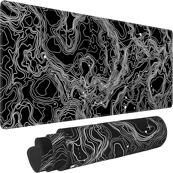 Black with White Topographic Line Large Mouse Pad,Gaming Keyboard Desk Pad,Extended Mouse Mat Non-Slip Rubber Base with Stitched Edges for Office Game Home XL 31.5"x11.8"