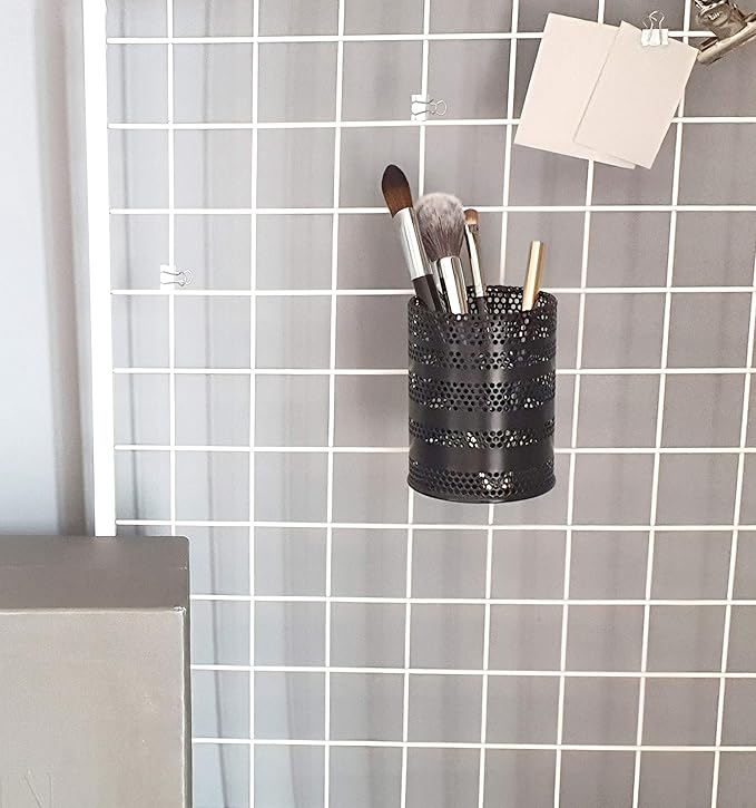 Metal Hook Wall Mounted Pen Pencil Holder, Office Desk Organizer with Hook for Hanging on Wire Mesh Wall Grid Panel (Black, Mid)