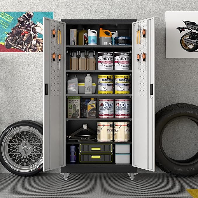 Upgraded Wide & Deep Metal Garage Storage Cabinet with Wheels & Pegboard, Lockable Metal Storage Cabinets with 2 Doors&5 Adjustable Shelves for Garage&Home,Assembly Required,Black Gray