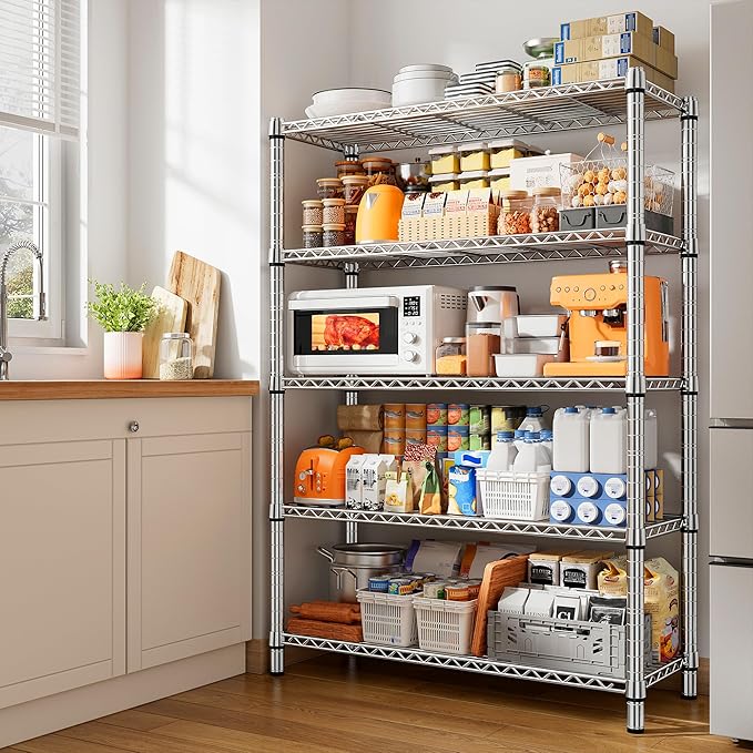 REIBII 5 Tier Metal Shelving Storage Shelves,71''H Adjustable Garage Shelving Unit and Storage,Wire Shelves Pantry Shelves for Kitchen Restaurant Warehouse Office,71H X 35.5W X 14D,Chrome