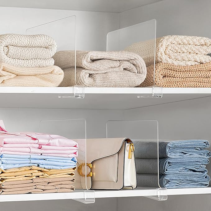 HBlife 24 Pack Clear Shelf Dividers, Vertical Purse Organizer for Closet Perfect for Sweater, Shirts, Handbags in Bedroom and Kitchen, Adjustable Acrylic Bookshelf for Organization