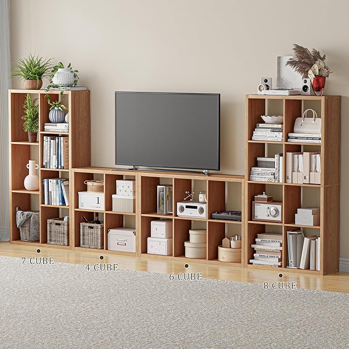 Cube Storage Organizer Bookcase, Decorative 11 inch Open Back Cubical Shelf with Thickened Border, Display Bookshelf for Living Room, Home Office, Sturdy Room (Natural Oak, 7 Cube)