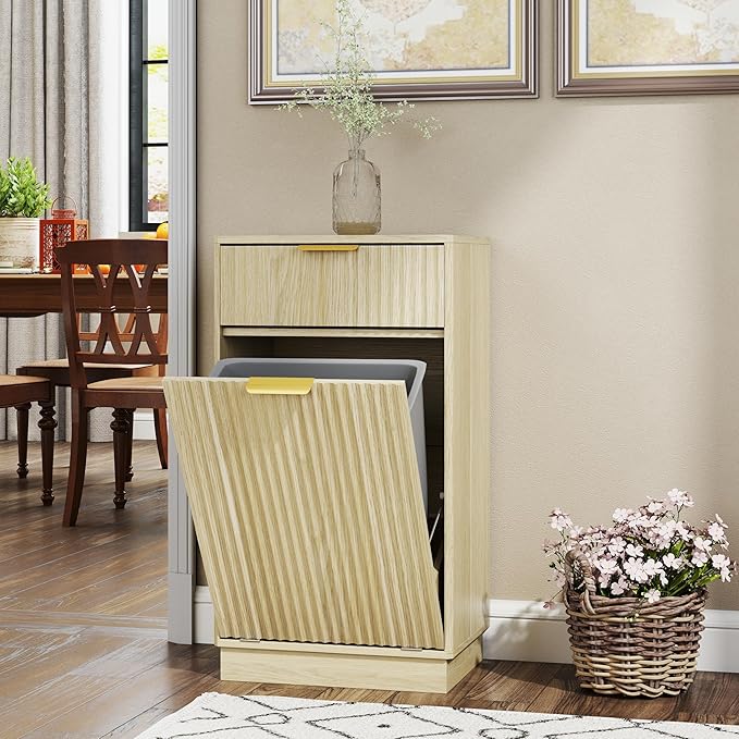Tilt-Out Trash Cabinet with 10-Gallon Capacity, Walnut Laundry Hamper Cabinet, 34.3 x 19 x 13.8 inches, Wave-Textured Front.