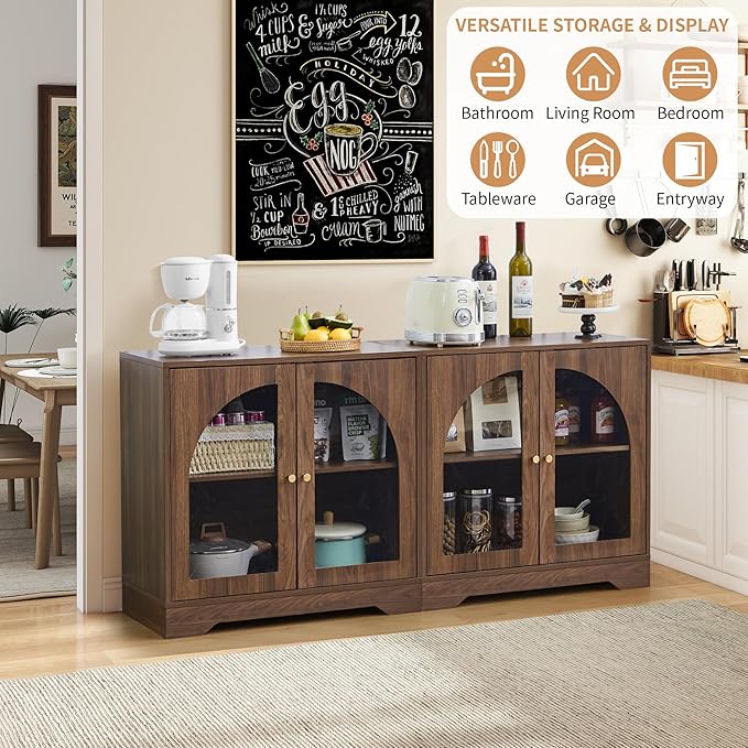 27" Floor Storage Cabinet, Mid-Century Wood Sideboard Buffet Cabinet with Display Arched Acrylic Door & 3-Level Adjustable Shelve for Bathroom, Living Room, Kitchen, Coofee Bar (Walnut)