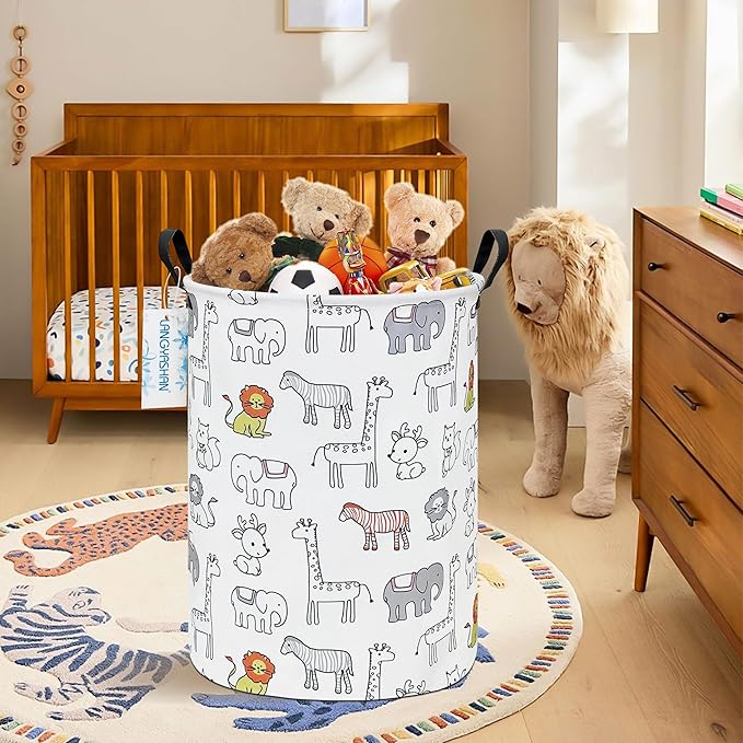 LANGYASHAN Laundry Basket Canvas Fabric Collapsible Organizer Basket for Storage Bin Toy Bins Gift Baskets Bedroom Clothes Children Nursery Hamper (Animals)