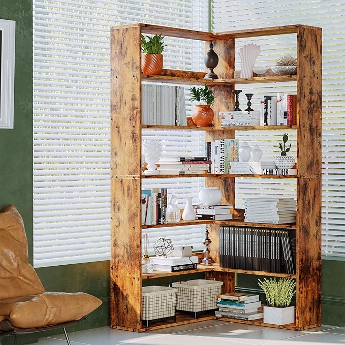 IRONCK Corner Bookshelf, Bookshelves 6 Tiers with Baffles Industrial Large Corner Etagere Bookcase Storage Display Rack for Living Room Home Office