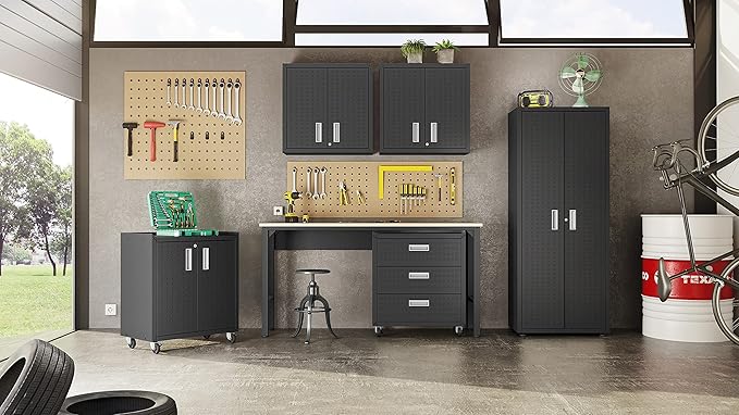 Manhattan Comfort Fortress Floating Garage Storage Cabinet with Adjustable Shelves and Lock, Recessed Handles, Metal Wall Mounted Lockable Utility Cabinet, Steel Garage Storage in Charcoal Gray