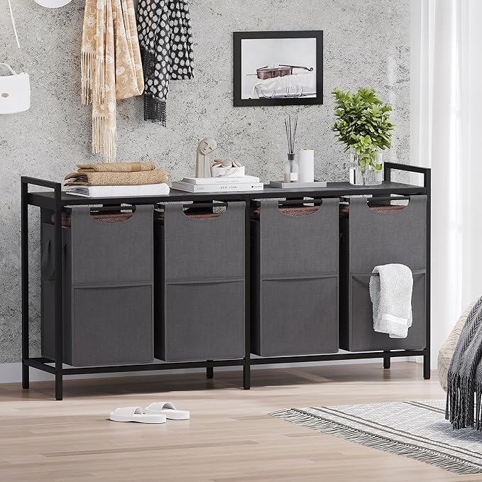 Heybly Laundry Hampers, 4 × 12.5 Gal Laundry Basket with Large Desktop Sorter for Laundry Room organization, Bathroom and Dorm Laundry Bags on Storage Shelf, Black and Gray HLH004BG