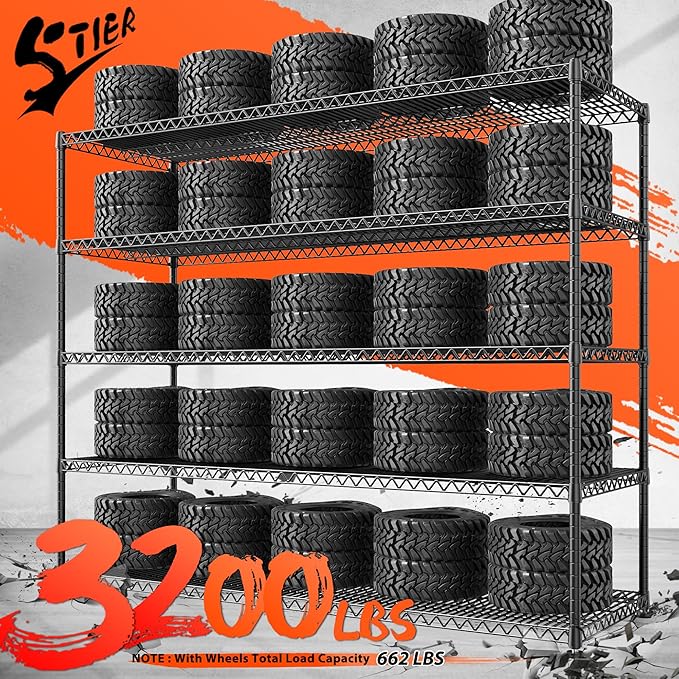 3200LBS Storage Shelves Wire Shelving with Wheels,Adjustable Garage Shelving Heavy Duty Steel Metal Shelving Unit Shelf Rack for Warehouses,Garage,Kitchen,School,Commercial,73" H X 60”W X 18" D