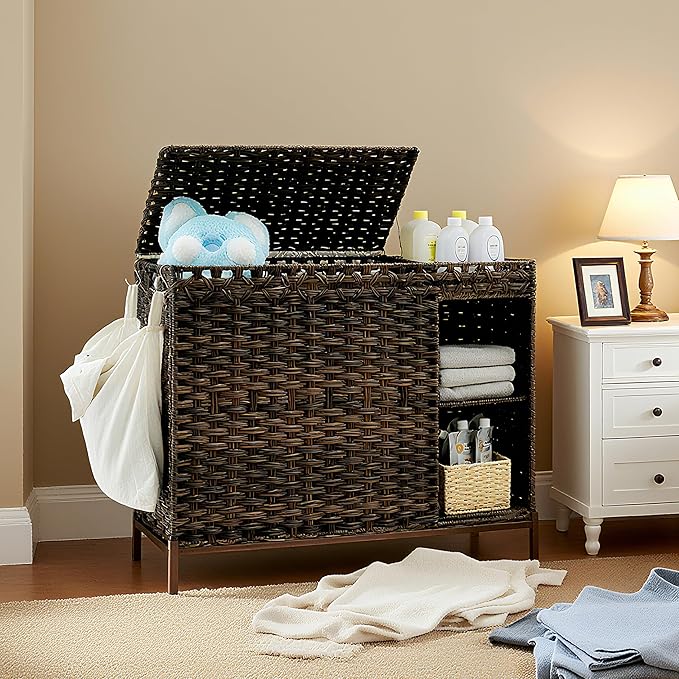 Laundry Hamper with Lid, 130L(34.4 Gal) Rattan Laundry Hamper 3 Section with 50L (13.2 Gal) Storage Shelf, Wicker Woven Laundry Sorter Basket with 4 Liner Bags and Handles, Brown GLH003BR