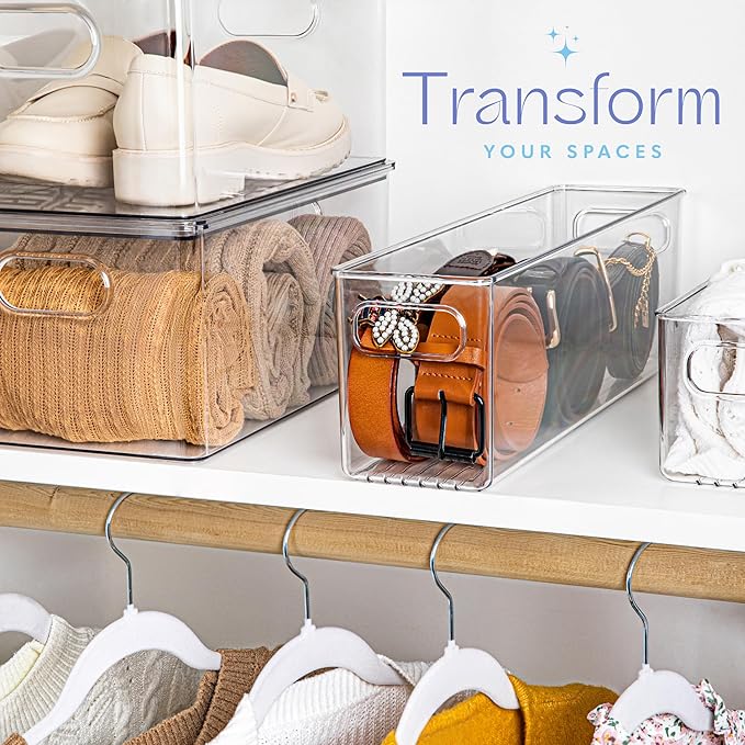 primebox Plastic Food Storage 6 Pack Clear Container Bin with Handles for Organizing Kitchen, Pantry, Fridge, Freezer, Pantry,Bathroom. 16"x4"x5"