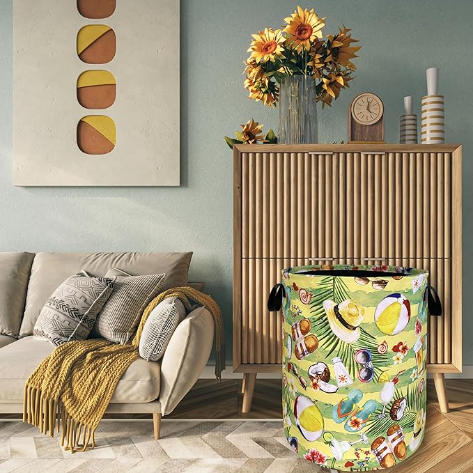 Happy Summer Time Laundry Hamper With Handles Foldable Oxford Cloth Tote Bag Colorful Hawaii Beach Funny Laundry Basket Clothe Toy Storage Bucket 18.9"x16.5"For Bathroom/Laundry/Bedroom