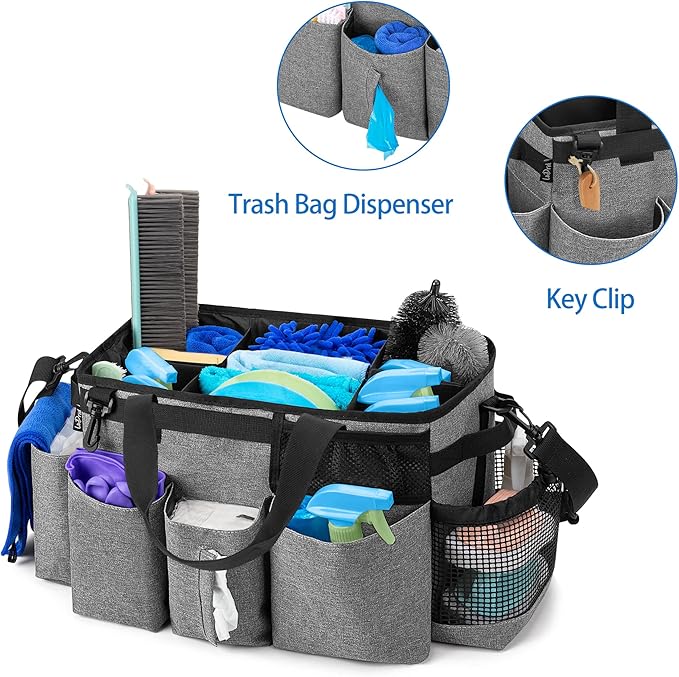 LoDrid Wearable Cleaning Caddy Bag with 4 Foldable Dividers, Cleaning Supply Organizer with Shoulder Strap and Side Handles for Cleaners & Housekeepers, Grey